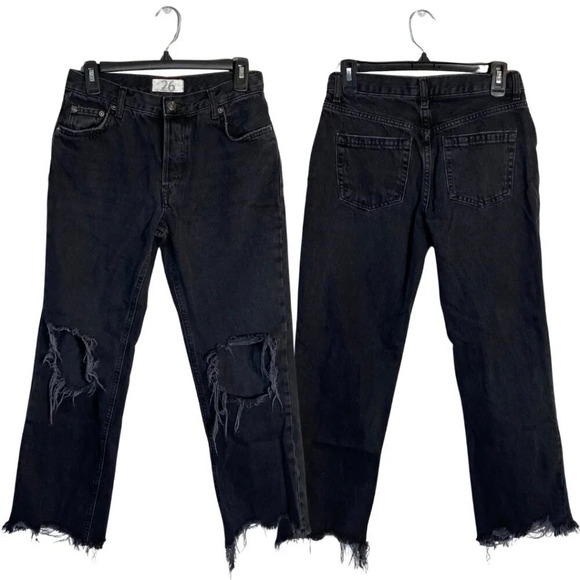 Free People Maggie Mid-Rise Straight Leg Denim Jeans Women's 26 Black Distressed - Picture 1 of 15